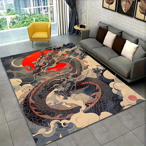 Alfombra dragón Ukiyo-e japonés en franela antideslizante para salón y dormitorio, vista frontal