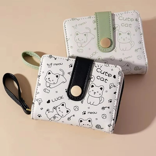 Monedero Kawaii Chica Gato Japonés – Cartera Corta con Tarjetero